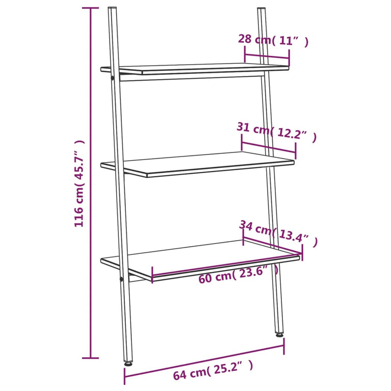 Ladderrek met 3 schappen 64x34x116 cm lichtbruin en zwart MeubelReus
