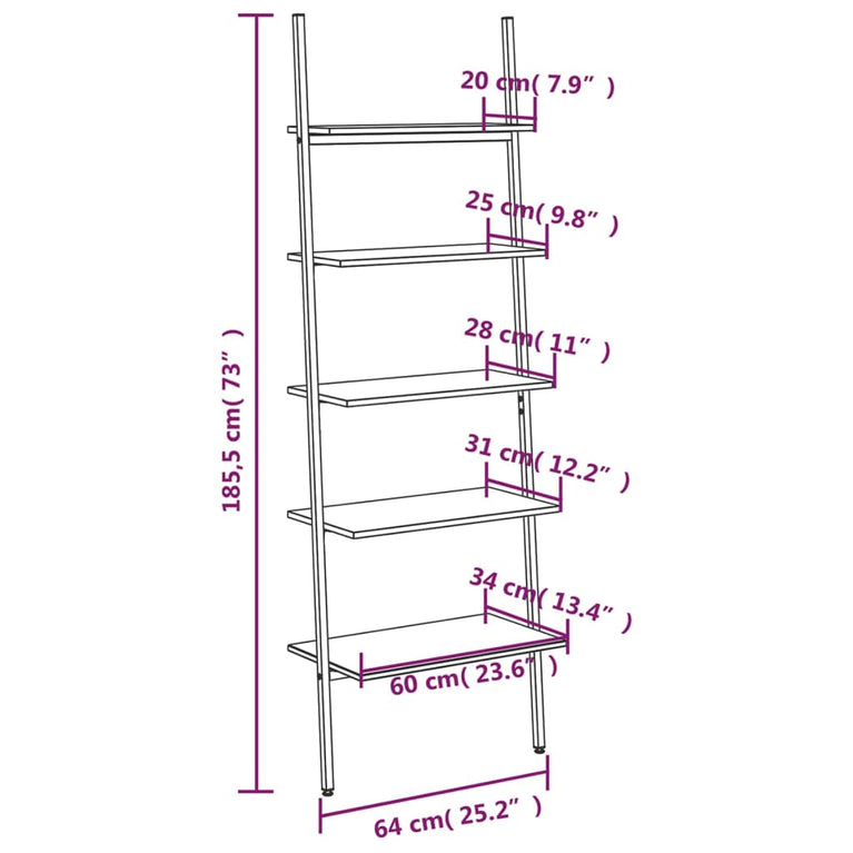 Ladderrek met 5 schappen 64x34x185,5 cm lichtbruin en zwart MeubelReus