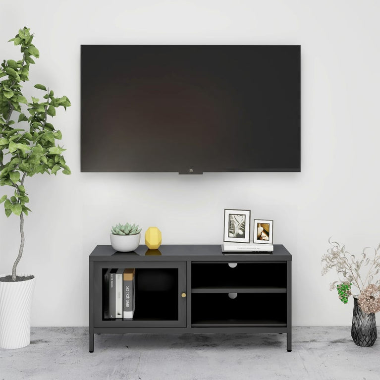 Tv-meubel 90x30x44 cm staal en glas antracietkleurig MeubelReus
