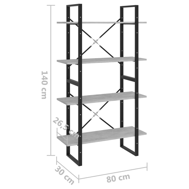 Boekenkast met 4 schappen 80x30x140 cm spaanplaat betongrijs MeubelReus