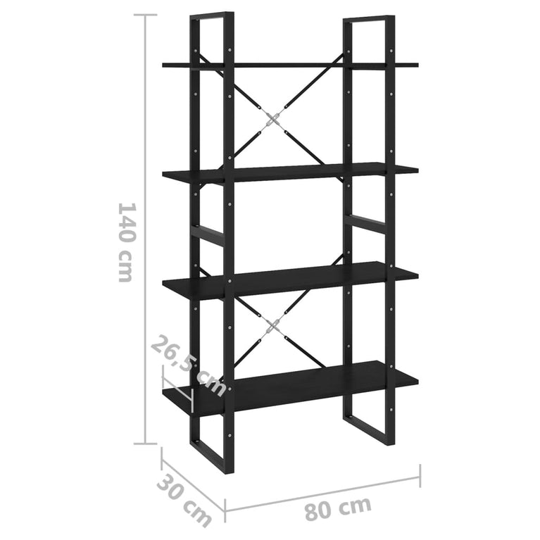 Boekenkast met 4 schappen 80x30x140 cm massief grenenhout zwart MeubelReus