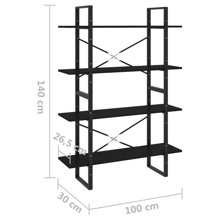 Boekenkast met 4 schappen 100x30x140 cm spaanplaat zwart MeubelReus