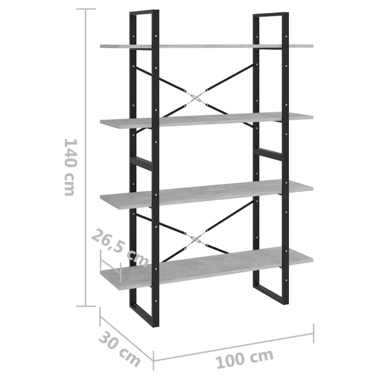 Boekenkast met 4 schappen 100x30x140 cm spaanplaat betongrijs MeubelReus