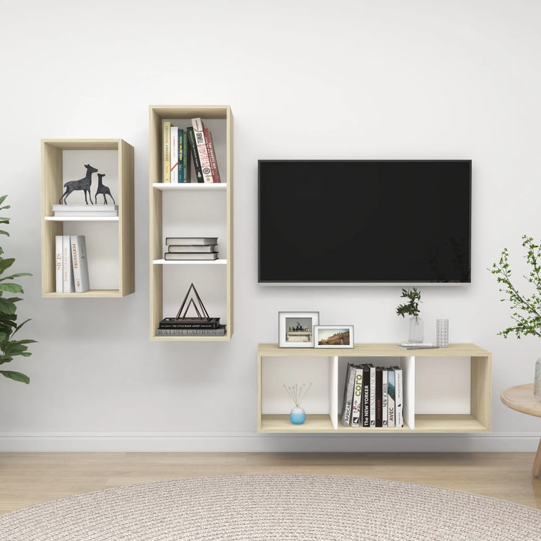 3-delige Tv-meubelset spaanplaat wit en sonoma eikenkleurig MeubelReus