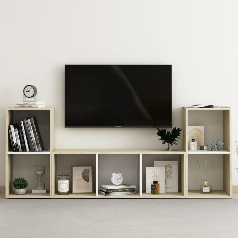 3-delige Tv-meubelset spaanplaat wit en sonoma eikenkleurig
