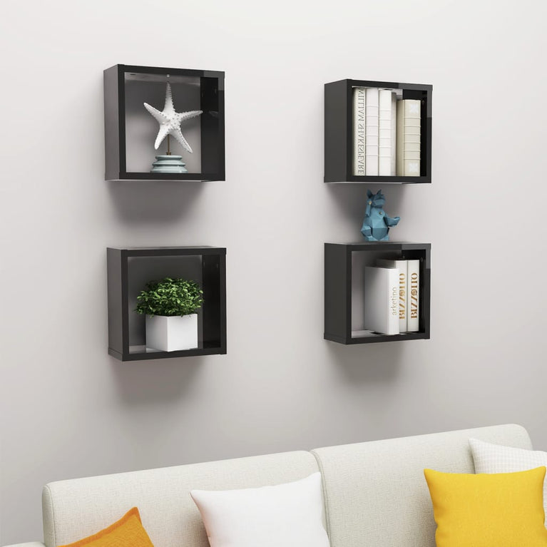 Wandschappen kubus 4 st 30x15x30 cm hoogglans zwart MeubelReus