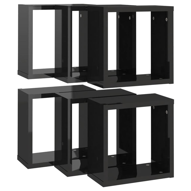 Wandschappen kubus 6 st 30x15x30 cm hoogglans zwart MeubelReus