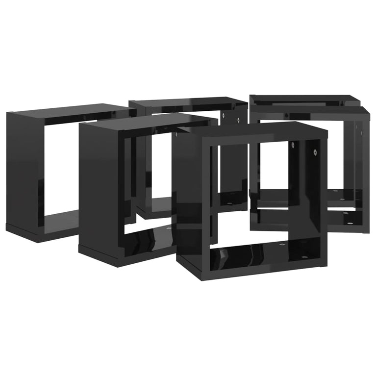Wandschappen kubus 6 st 30x15x30 cm hoogglans zwart MeubelReus