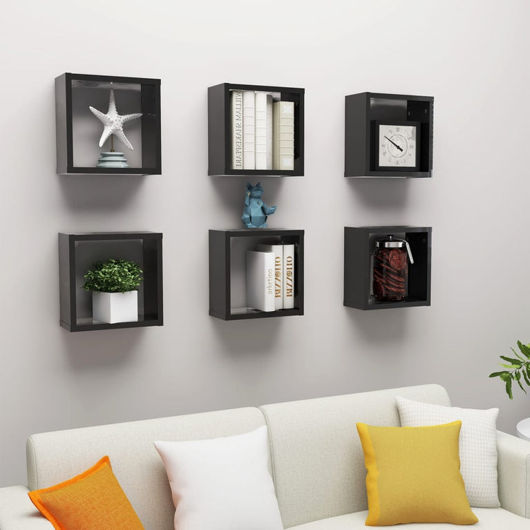 Wandschappen kubus 6 st 30x15x30 cm hoogglans zwart MeubelReus