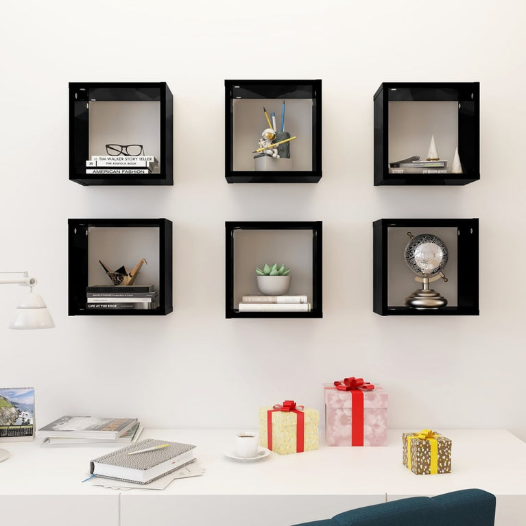 Wandschappen kubus 6 st 26x15x26 cm hoogglans zwart MeubelReus