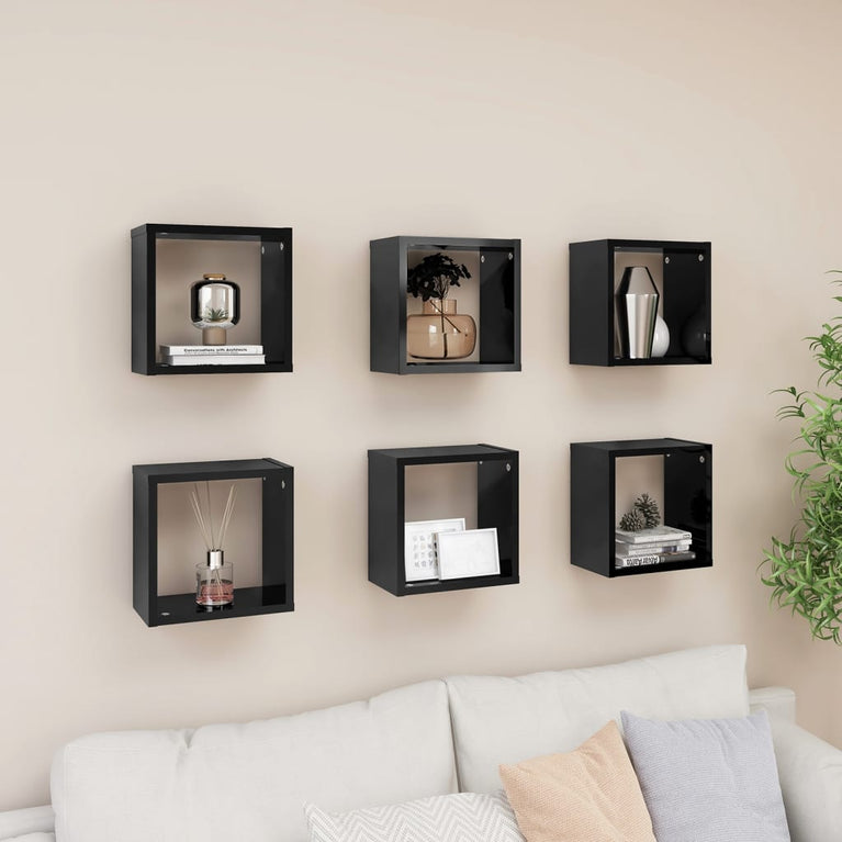 Wandschappen kubus 6 st 26x15x26 cm hoogglans zwart MeubelReus