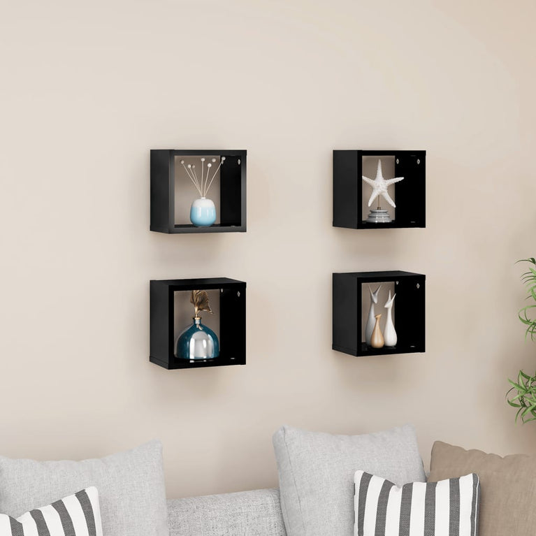 Wandschappen kubus 4 st 22x15x22 cm hoogglans zwart MeubelReus