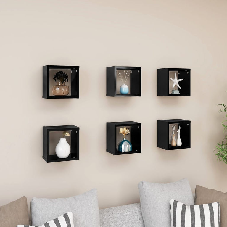 Wandschappen kubus 6 st 22x15x22 cm hoogglans zwart MeubelReus