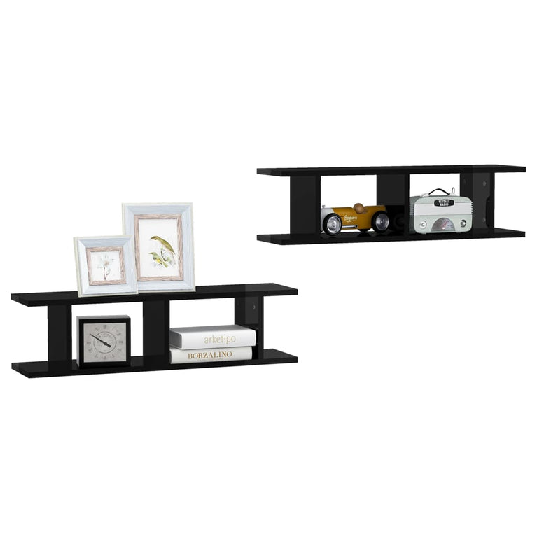 Wandschappen 2 st 75x18x20 cm bewerkt hout hoogglans zwart MeubelReus