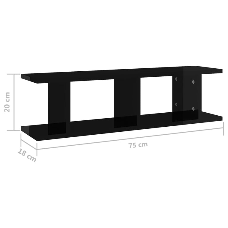 Wandschappen 2 st 75x18x20 cm bewerkt hout hoogglans zwart MeubelReus