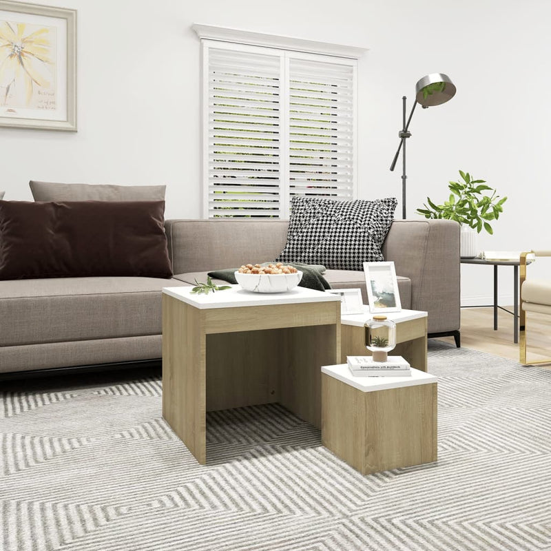 3-delige Tafeltjesset spaanplaat wit en sonoma eikenkleurig MeubelReus