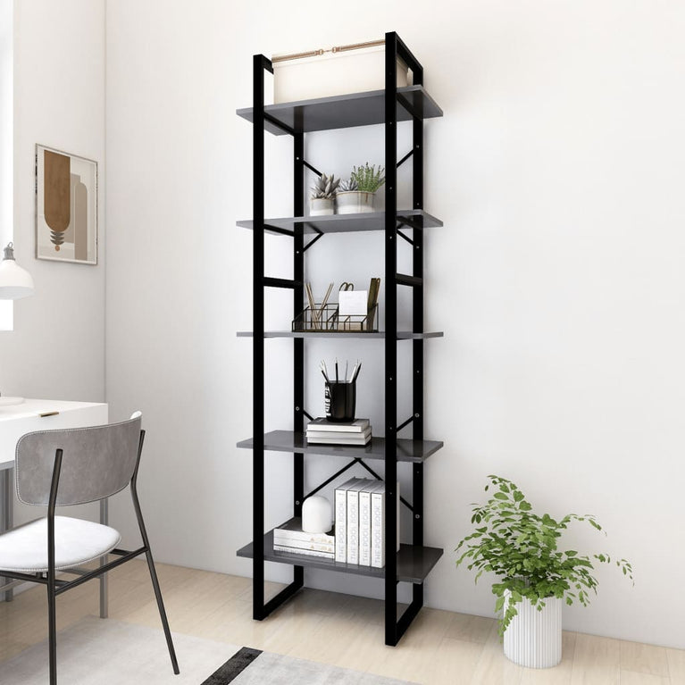 Boekenkast met 5 schappen 60x30x175 cm bewerkt hout grijs MeubelReus