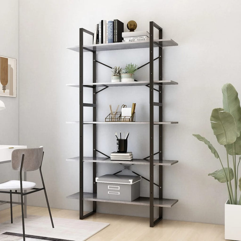 Boekenkast met 5 schappen 100x30x175 cm bewerkt hout betongrijs MeubelReus