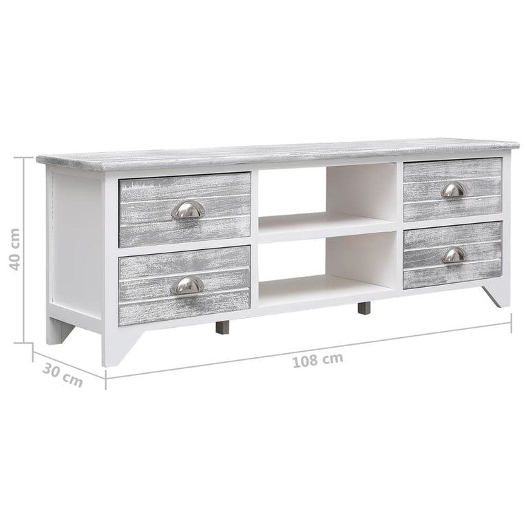 Tv-meubel 108x30x40 cm massief paulowniahout wit en grijs MeubelReus