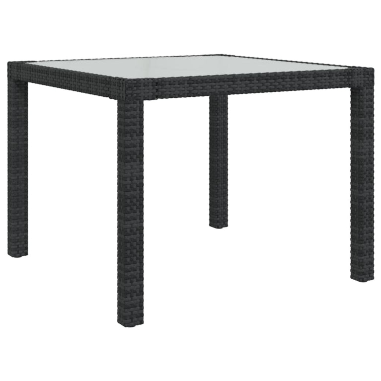 Tuintafel 90x90x75 cm gehard glas en poly rattan zwart MeubelReus