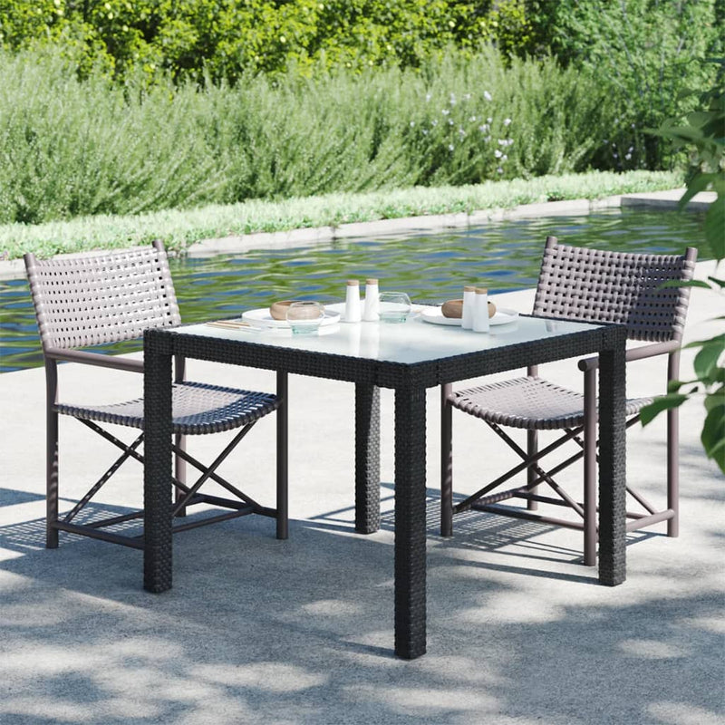 Tuintafel 90x90x75 cm gehard glas en poly rattan zwart MeubelReus