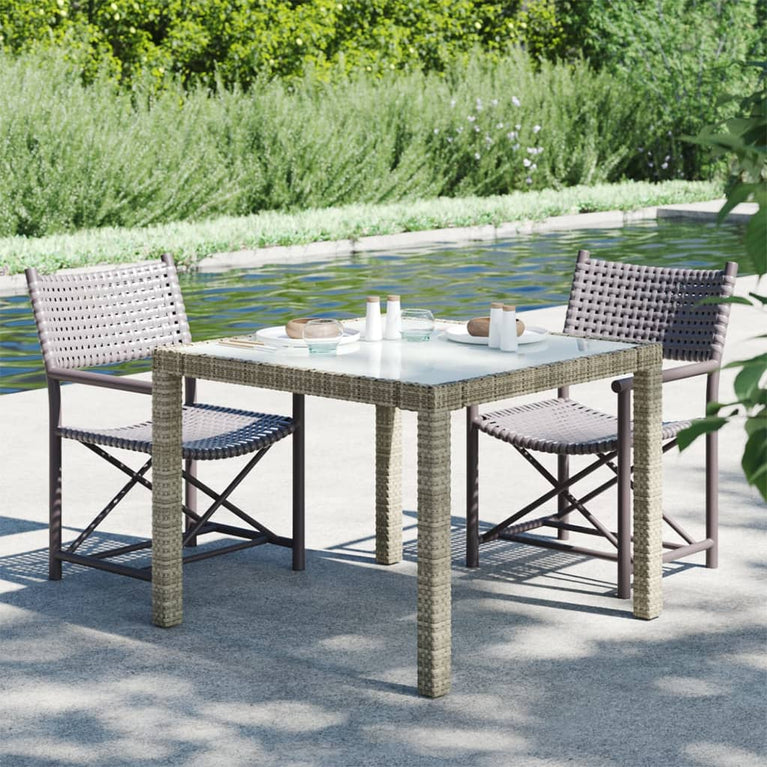 Tuintafel 90x90x75 cm gehard glas en poly rattan grijs MeubelReus