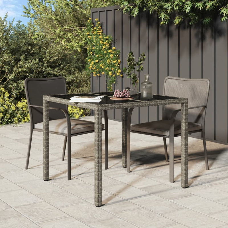 Tuintafel 90x90x75 cm gehard glas en poly rattan grijs MeubelReus