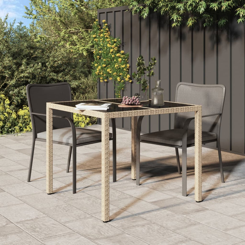 Tuintafel 90x90x75 cm gehard glas en poly rattan beige MeubelReus