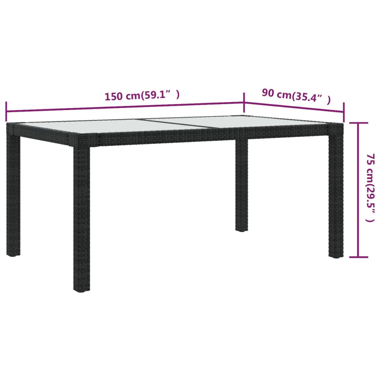 Tuintafel 150x90x75 cm gehard glas en poly rattan zwart MeubelReus
