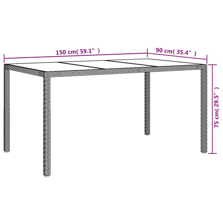 Tuintafel 150x90x75 cm gehard glas en poly rattan grijs MeubelReus