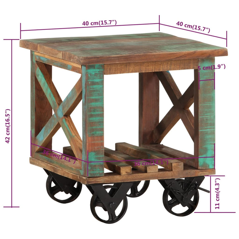Bijzettafel met wielen 40x40x42 cm massief gerecycled hout MeubelReus