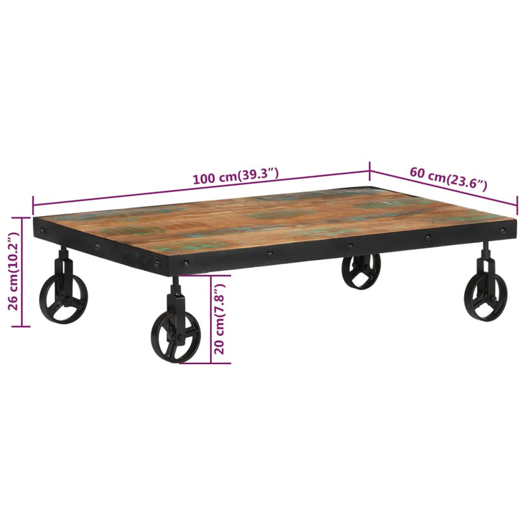 Salontafel met wielen 100x60x26 cm massief gerecycled hout MeubelReus