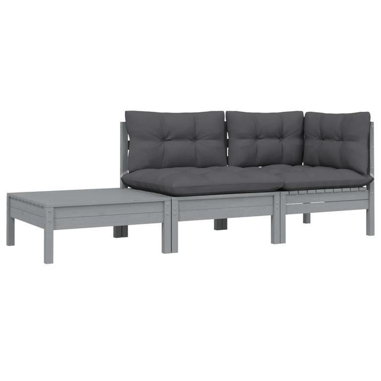 3-delige Loungeset met kussens massief grenenhout grijs MeubelReus