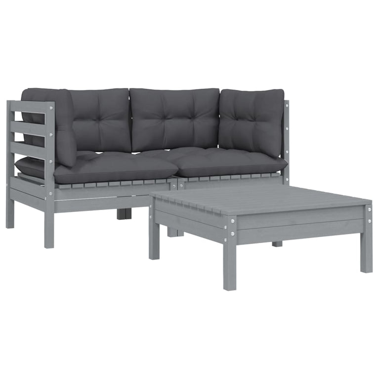 3-delige Loungeset met kussens massief grenenhout grijs MeubelReus