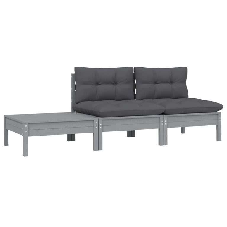 3-delige Loungeset met kussens massief grenenhout grijs MeubelReus