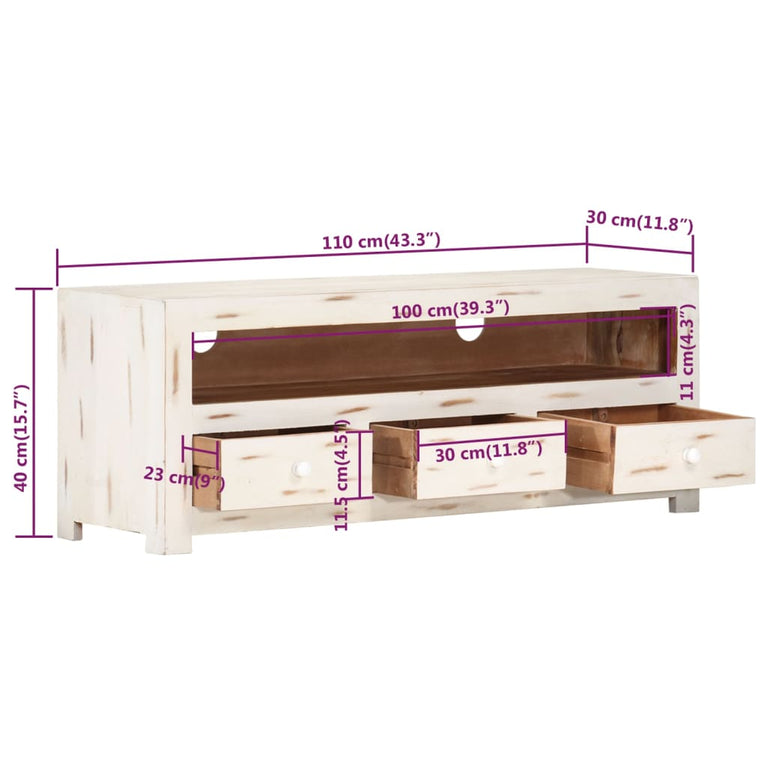 Tv-meubel 110x30x40 cm massief acaciahout wit MeubelReus
