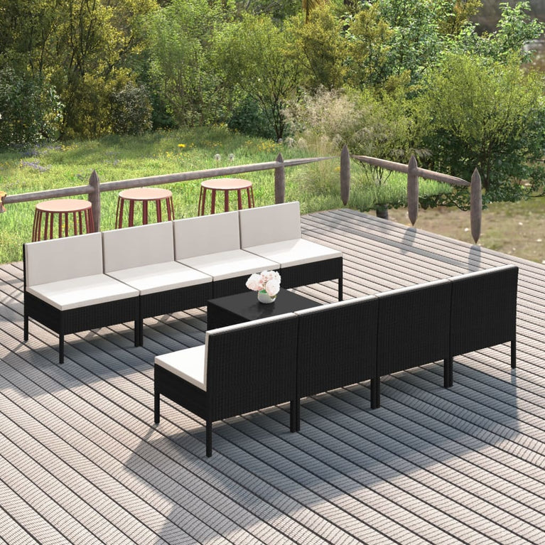 9-delige Loungeset met kussens poly rattan zwart MeubelReus