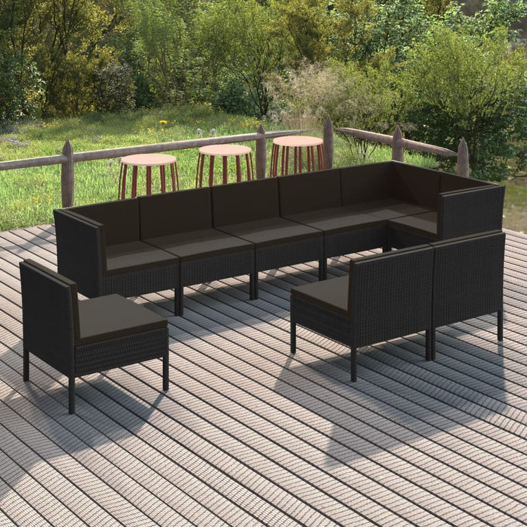 9-delige Loungeset met kussens poly rattan zwart MeubelReus