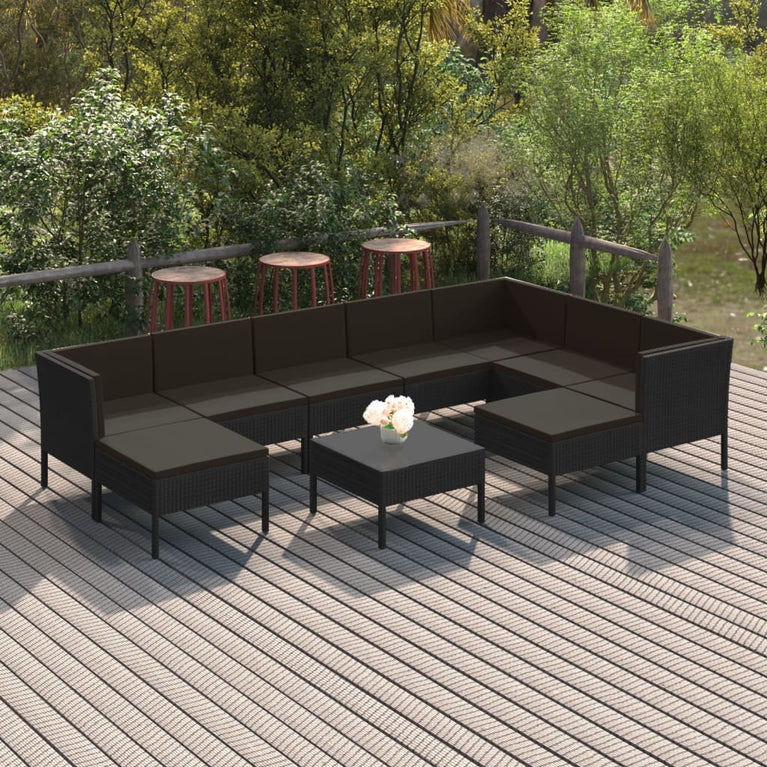 10-delige Loungeset met kussens poly rattan zwart MeubelReus