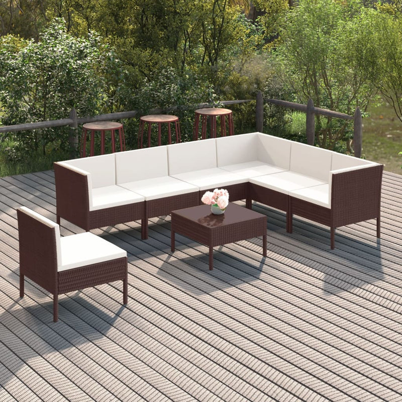 8-delige Loungeset met kussens poly rattan bruin