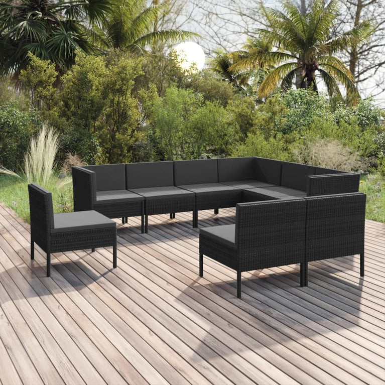 9-delige Loungeset met kussens poly rattan zwart MeubelReus
