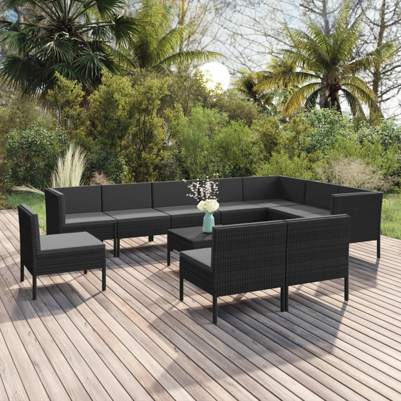 11-delige Loungeset met kussens poly rattan zwart MeubelReus