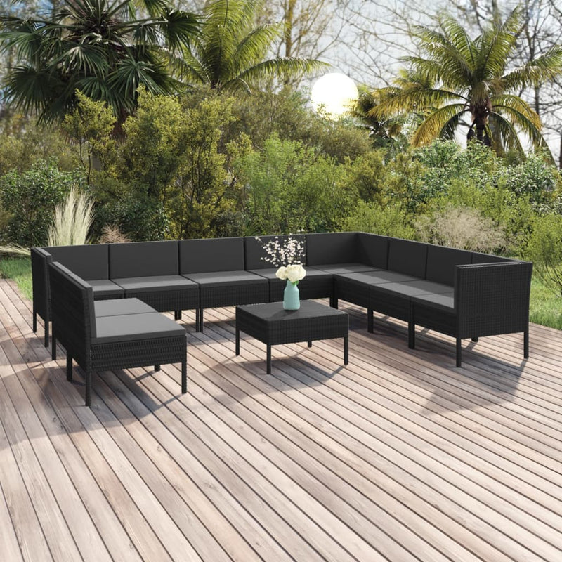 11-delige Loungeset met kussens poly rattan zwart MeubelReus