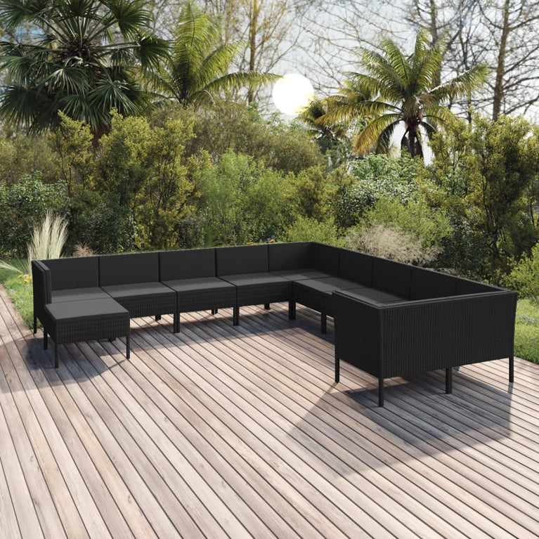 11-delige Loungeset met kussens poly rattan zwart MeubelReus