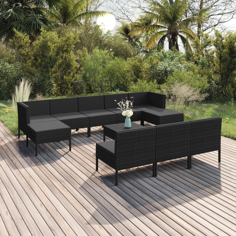 11-delige Loungeset met kussens poly rattan zwart MeubelReus