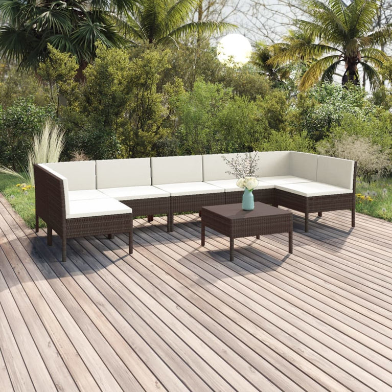 8-delige Loungeset met kussens poly rattan bruin