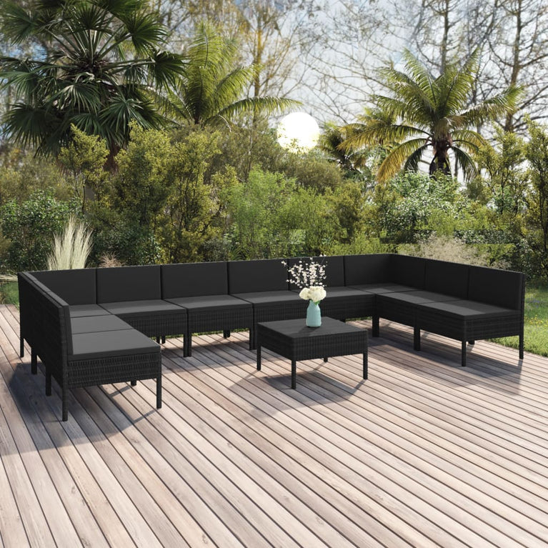 11-delige Loungeset met kussens poly rattan zwart MeubelReus