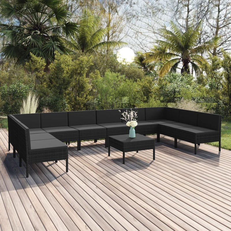 11-delige Loungeset met kussens poly rattan zwart MeubelReus