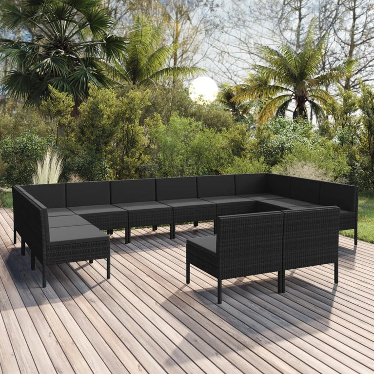 12-delige Loungeset met kussens poly rattan zwart MeubelReus