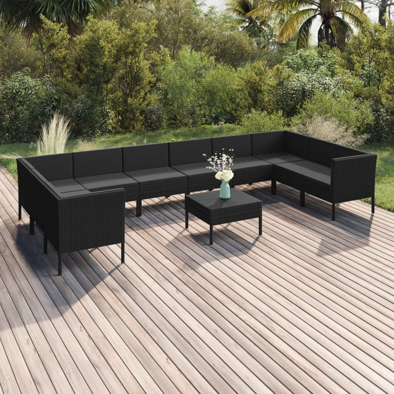 11-delige Loungeset met kussens poly rattan zwart MeubelReus